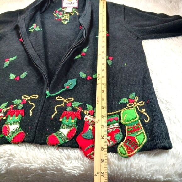 Tiara Internation Embellished Holly & Decoration Black Zip Up Sweater Y2K Medium - Picture 10 of 13